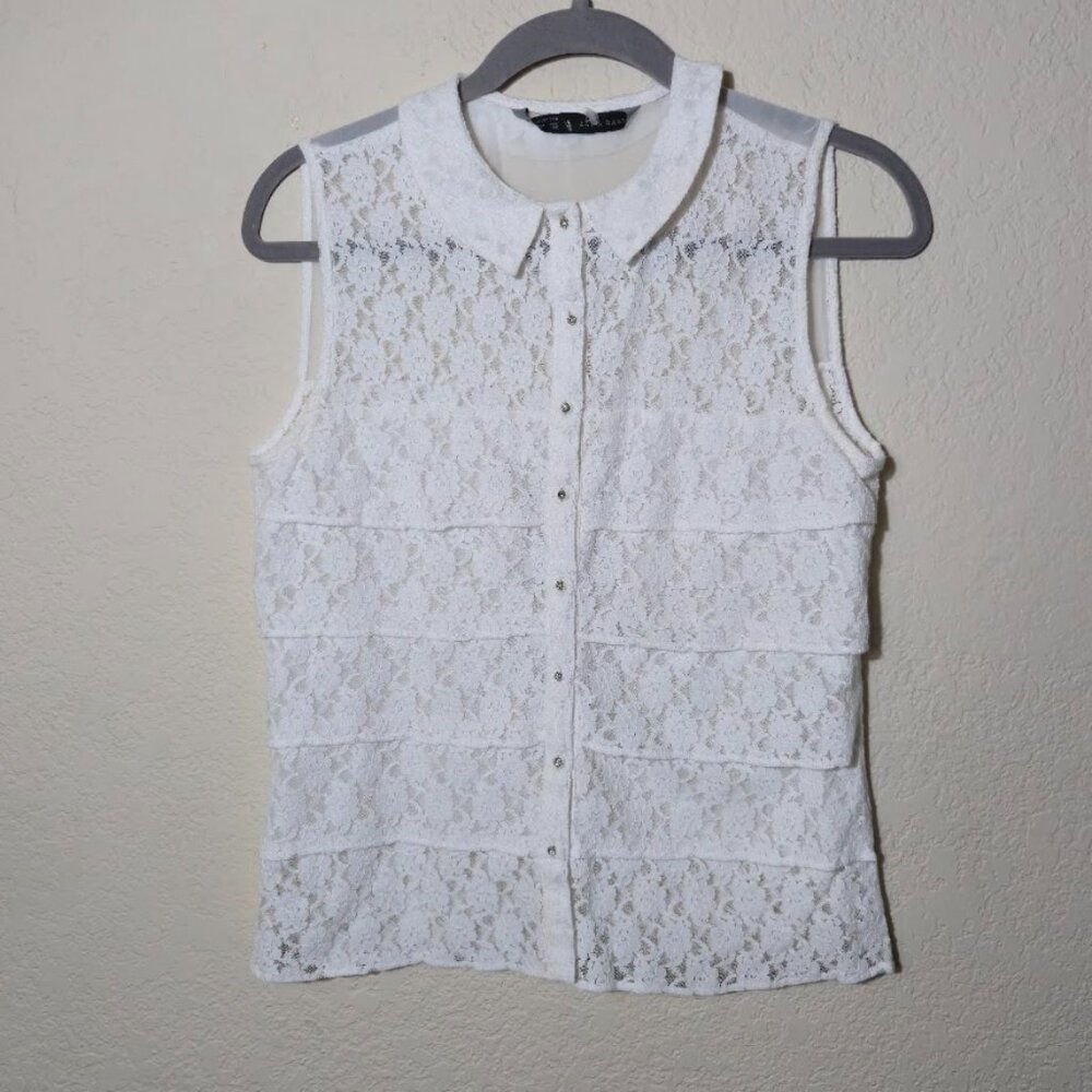 Zara Basics White Lace Sleeveless Ruffled Blouse SM
